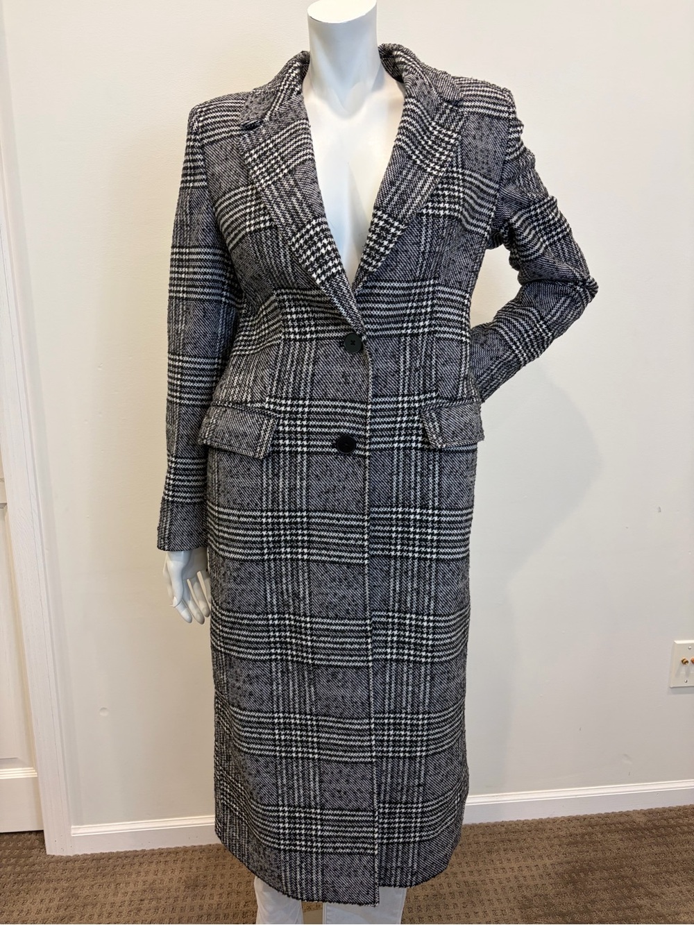 NWT EXPRESS Black & White Plaid Longline Wool Pea Coat